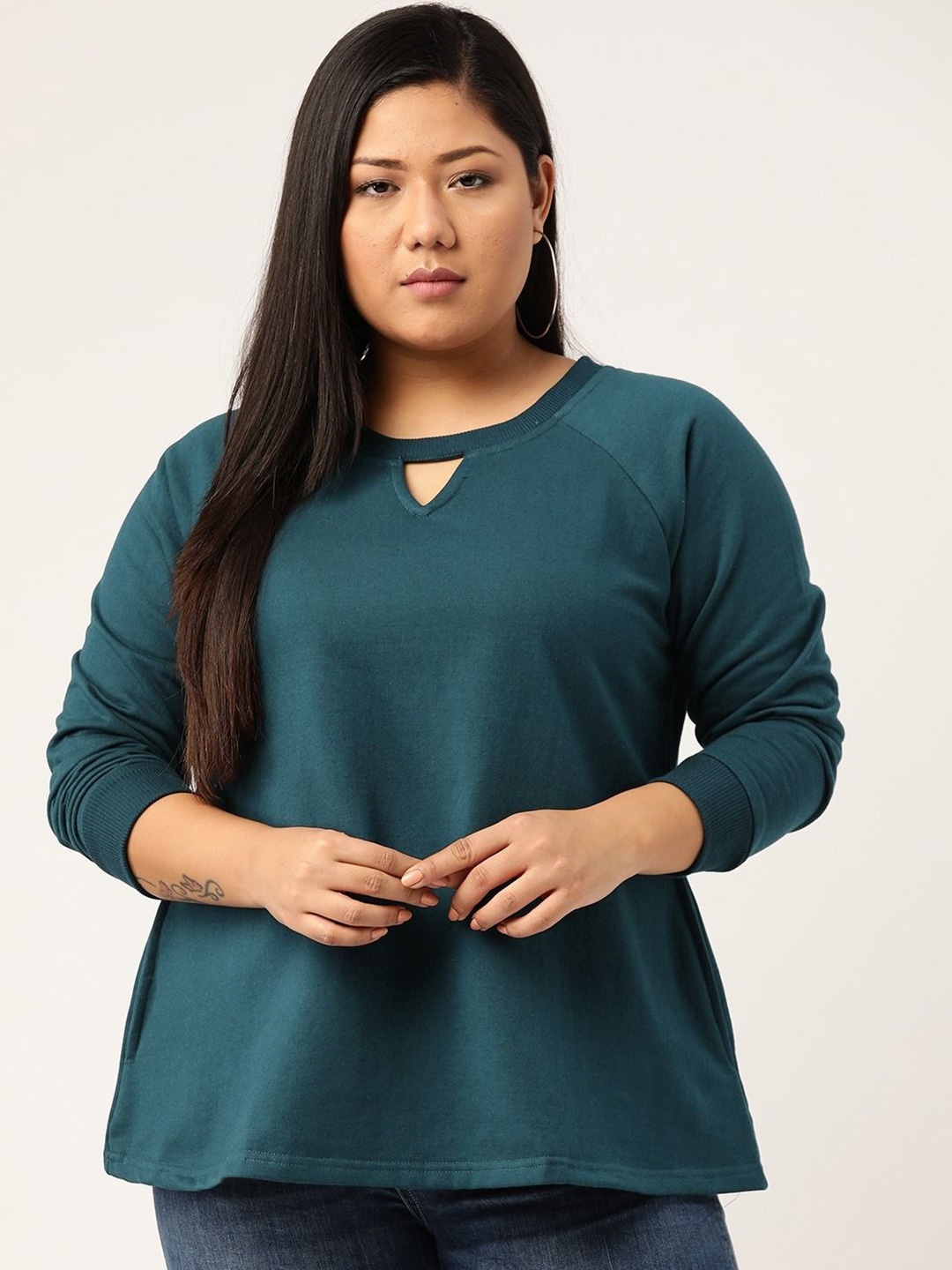 

theRebelinme Women Round Neck Long Sleeves Plus Size Sweatshirt, Teal