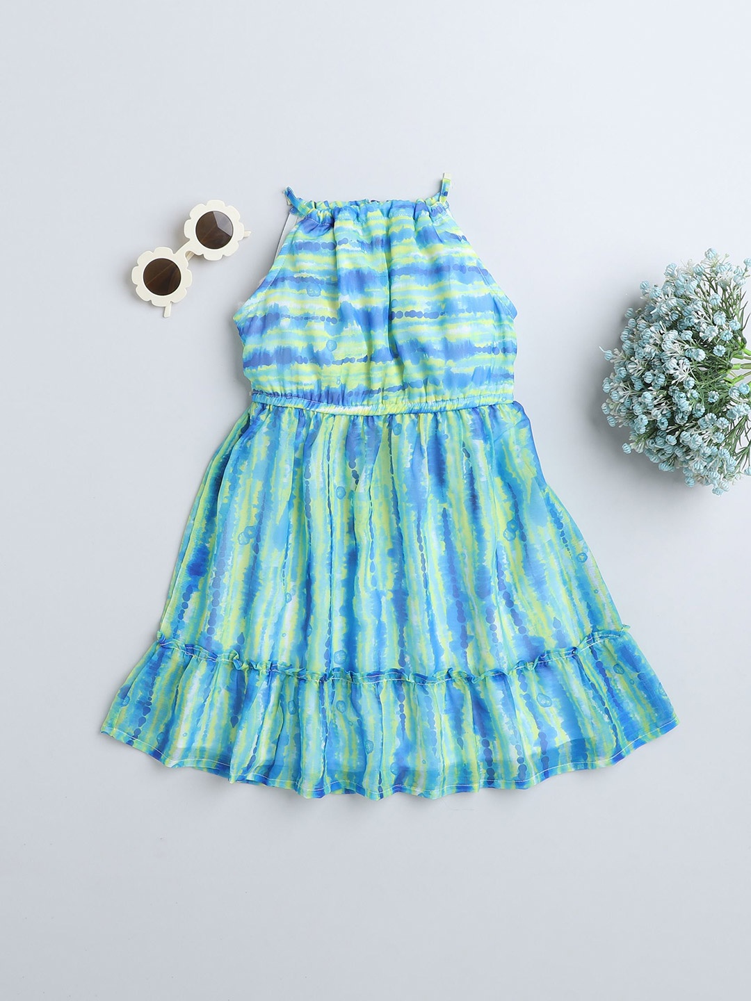 

taffykids Girls Tie and Dye Shoulder Straps Fit & Flare Dress, Blue