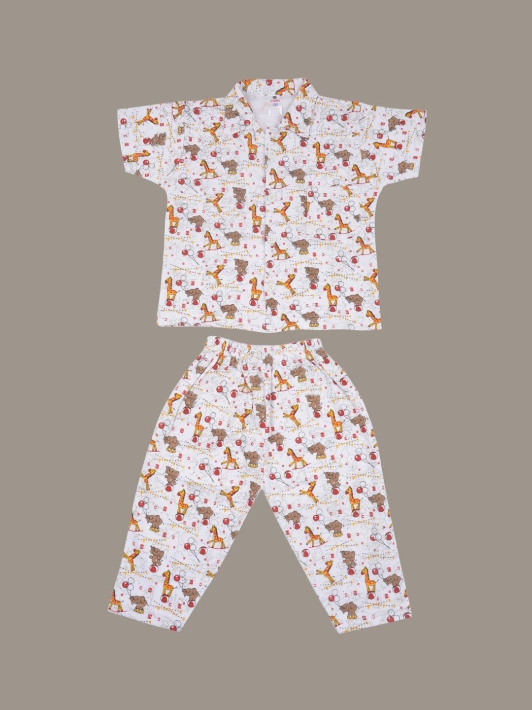 

Yellow Bee Boys Printed Shirt Collar Pure Cotton Night Suit, White