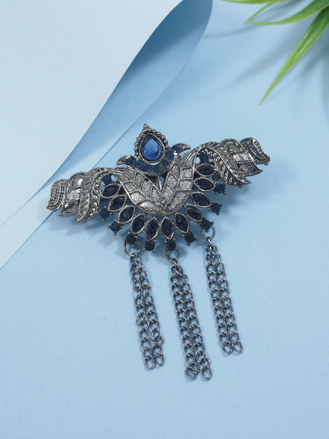 

I Jewels Silver-Plated Oxidised Kundan Studded Safa Kalangi Brooch