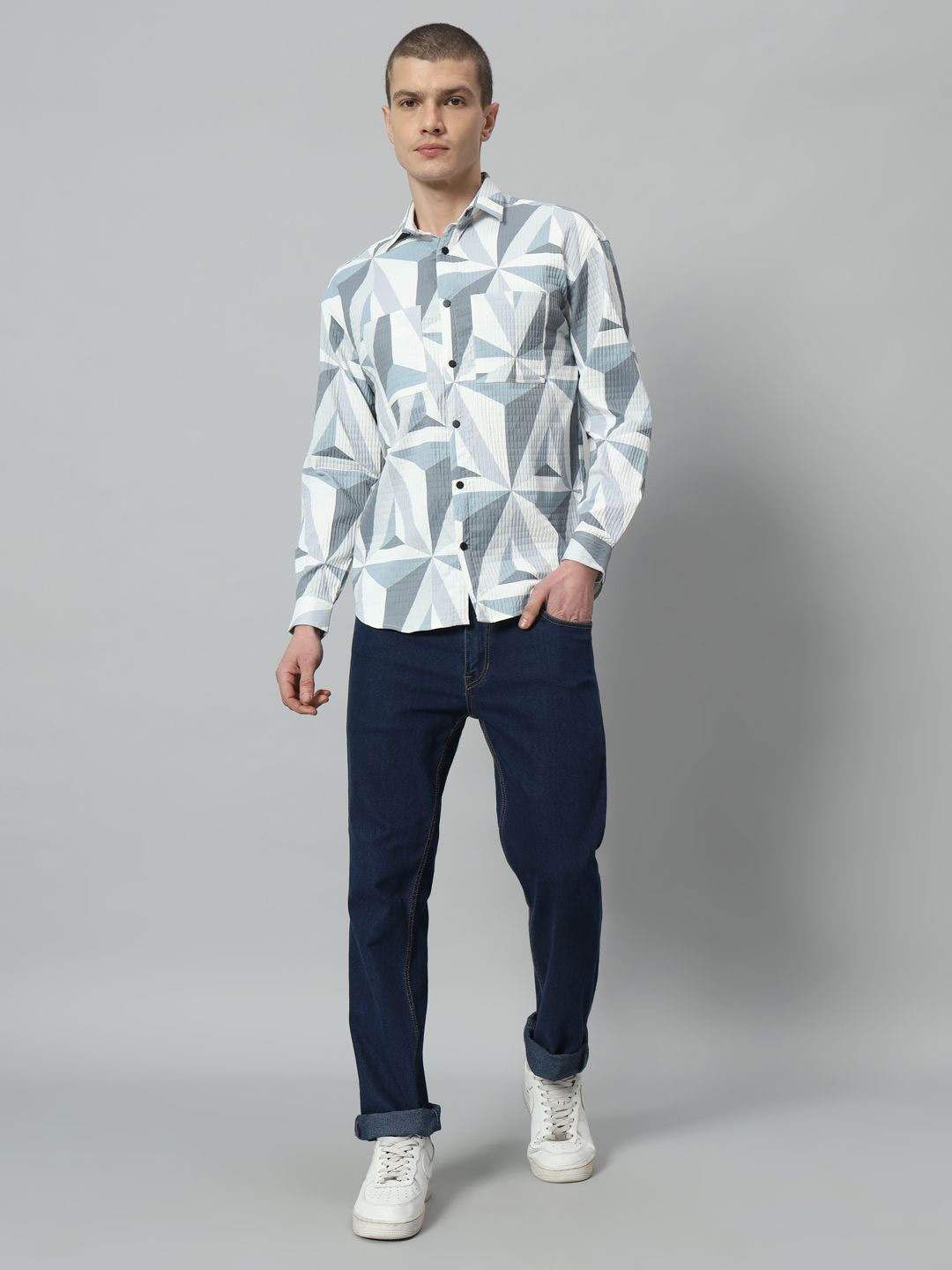 

ROCK AND ROLL Men Spread Collar Geometric Printed Casual Shirt, White