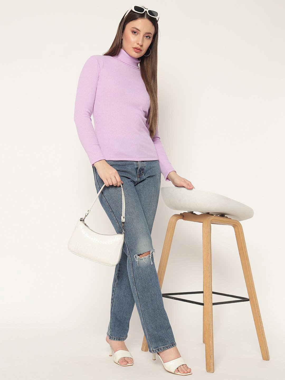 

LE BOURGEOIS Women High Neck Cotton Ribbed Top, Lavender