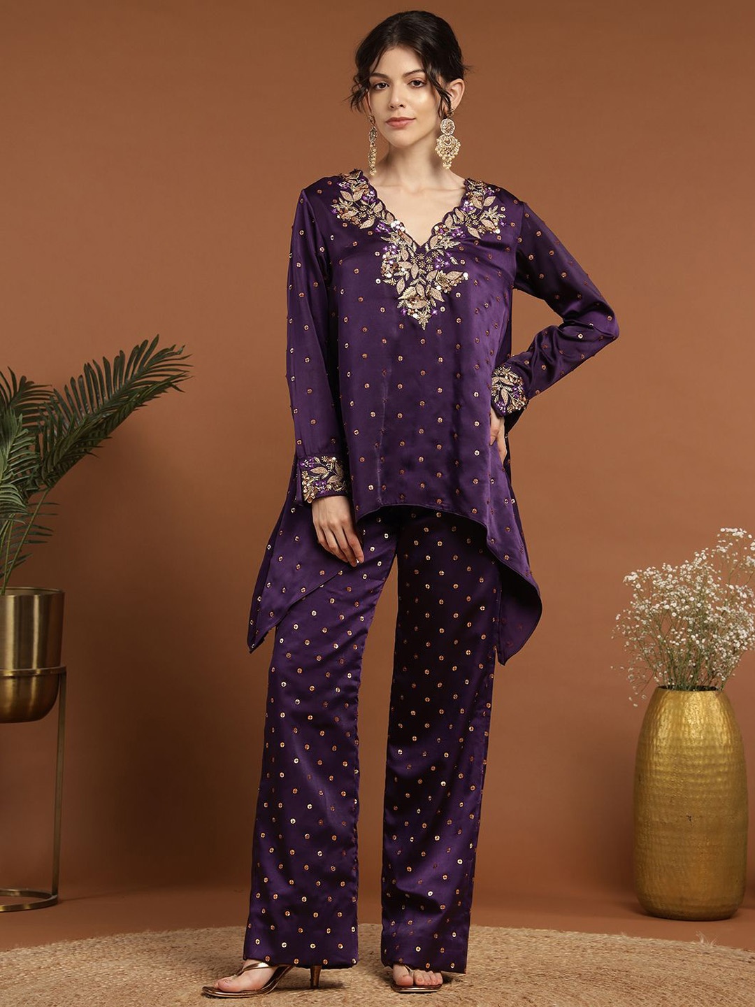 

RIRASA Floral Embroidered Mirror Work Kurta with Trouser, Purple