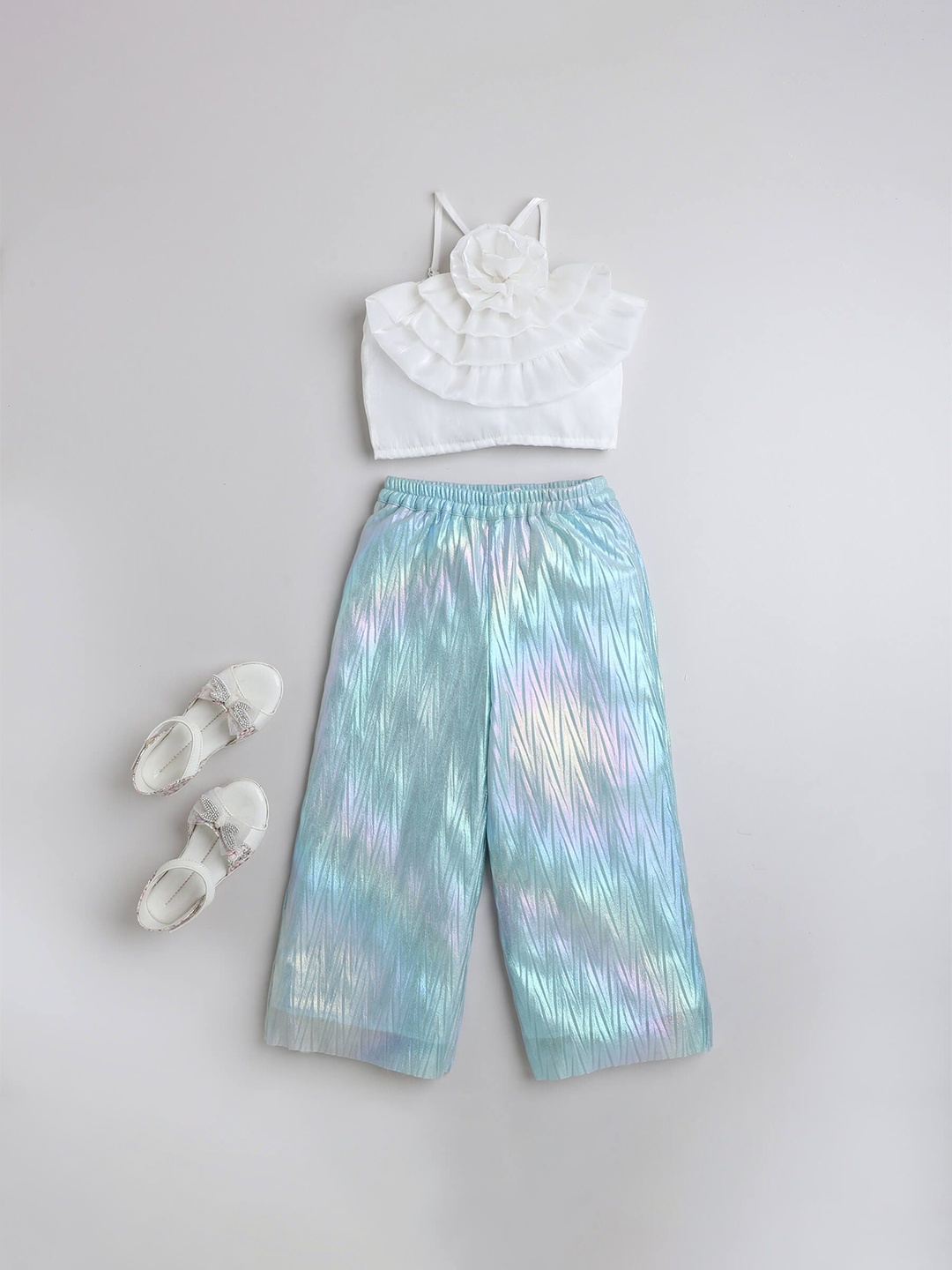 

taffykids Girls Ruffled Sleeveless Crop Top With Palazzos, White