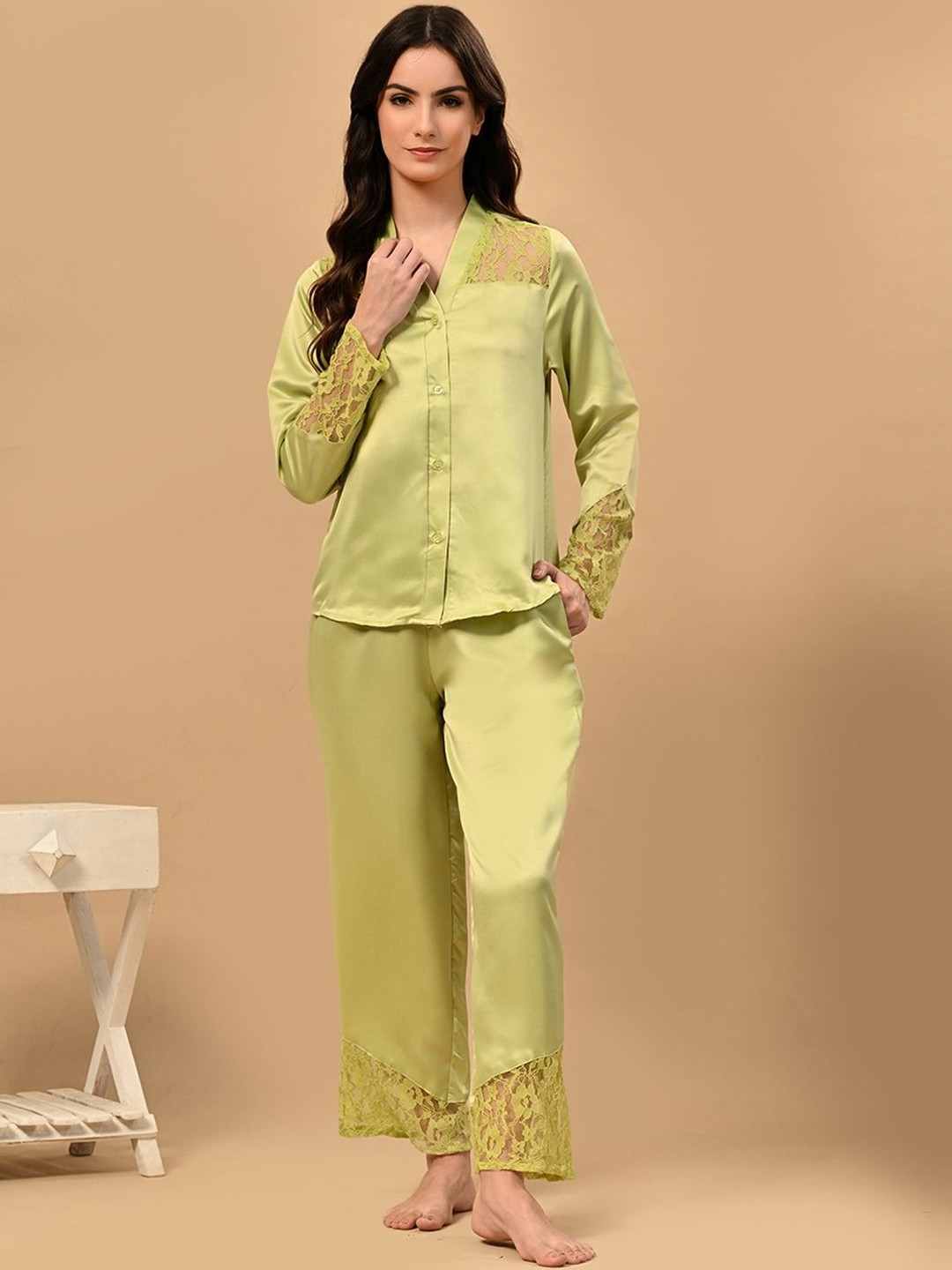 

PRETTY LOVING THING Women Shirt Collar Long Sleeves Night suit, Green
