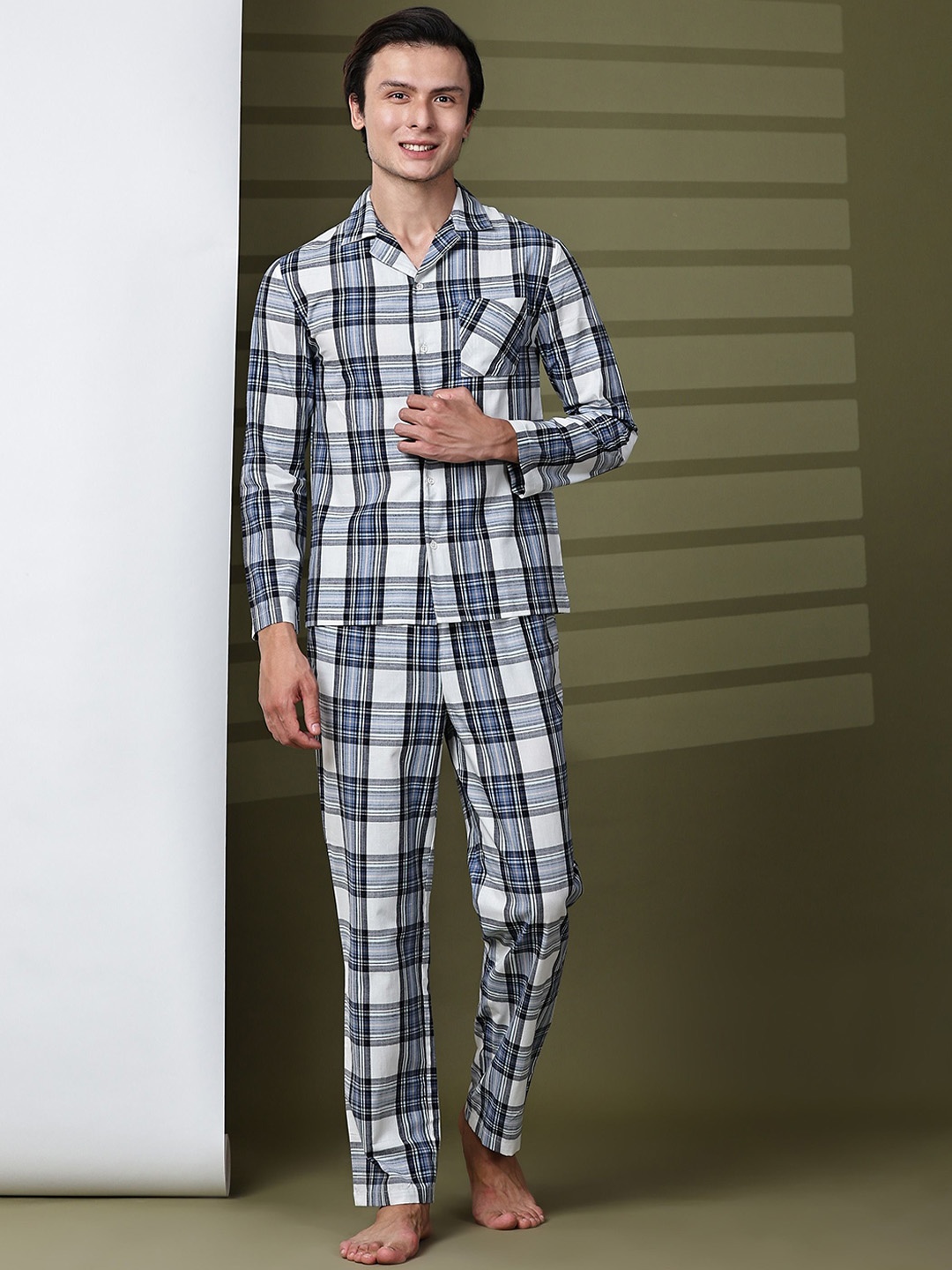 

BStories Men Pure Cotton Checked Night suit, Navy blue