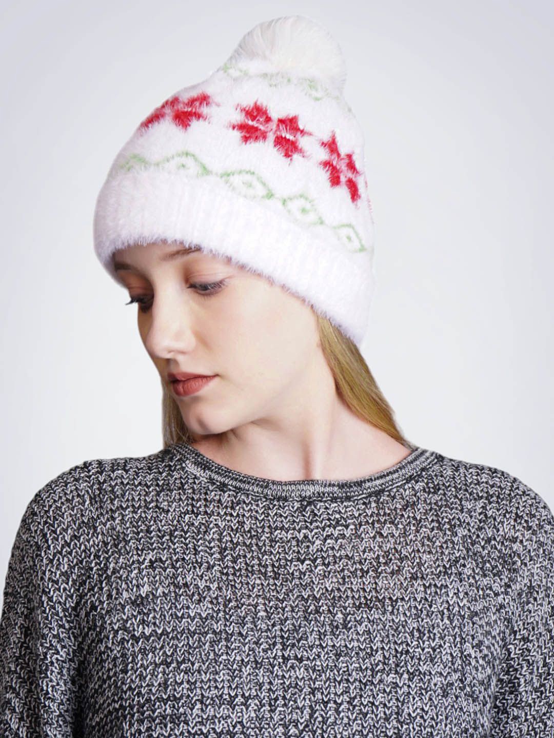 

Bharatasya Women Self Design knitted Fluffy Elegant Woollen Beanie, White