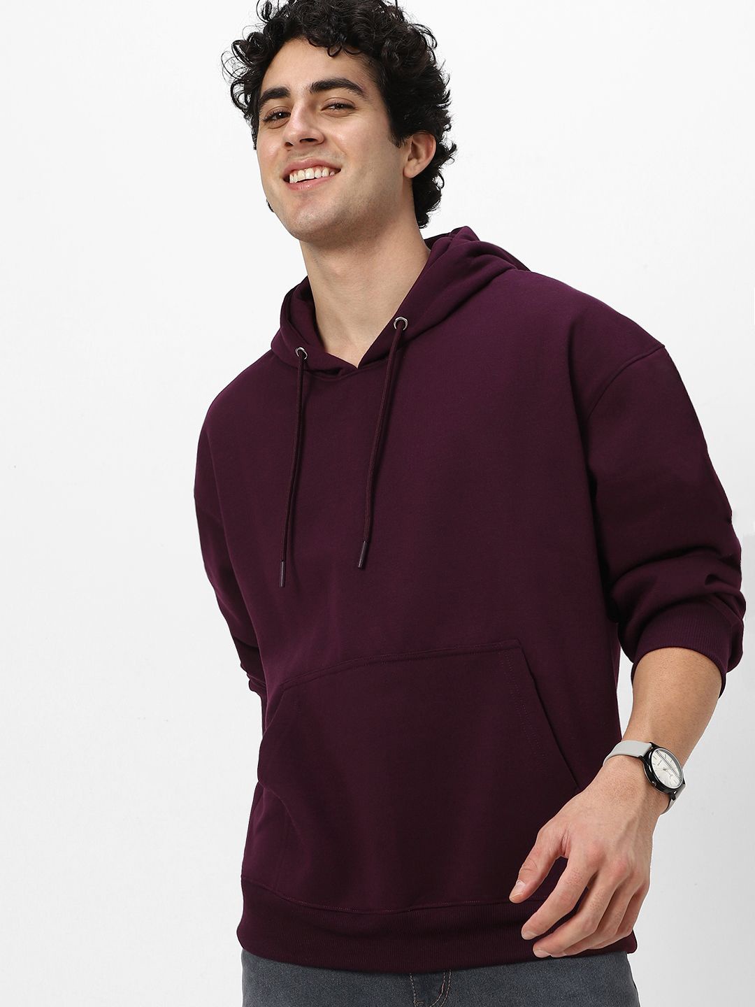

Urbano Fashion Men's Cotton Solid Oversized Hooded Neck Sweatshirt, Purple