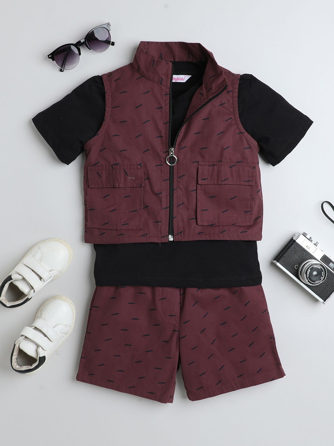 

taffykids Girls Printed T-shirt With Shorts & Pocket Detail Jacket, Black