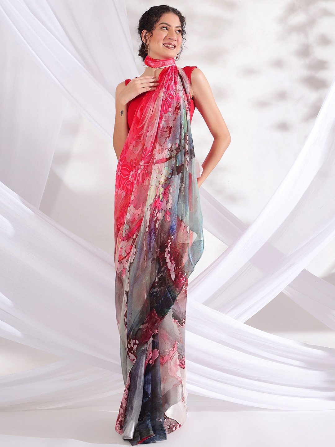 

REETI OF PRINTS Floral Printed Pure Chiffon Saree, Grey