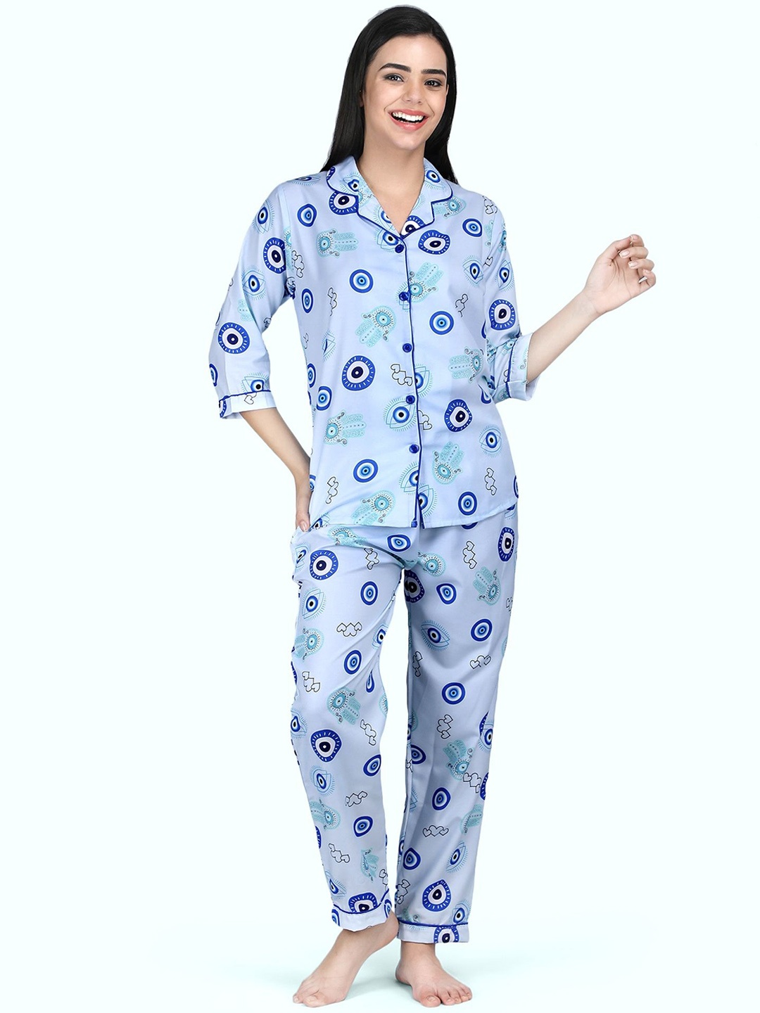 

ALL ABOUT HER Women Evil Eye Printed Shirt With Pyjamas Night suit, Blue