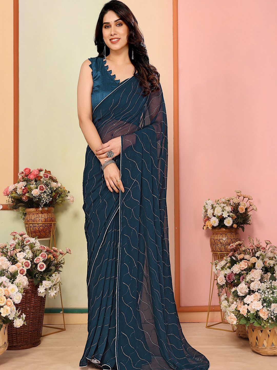 

CATCHY FOREVER Embellished Mukaish Pure Georgette Designer Saree, Teal