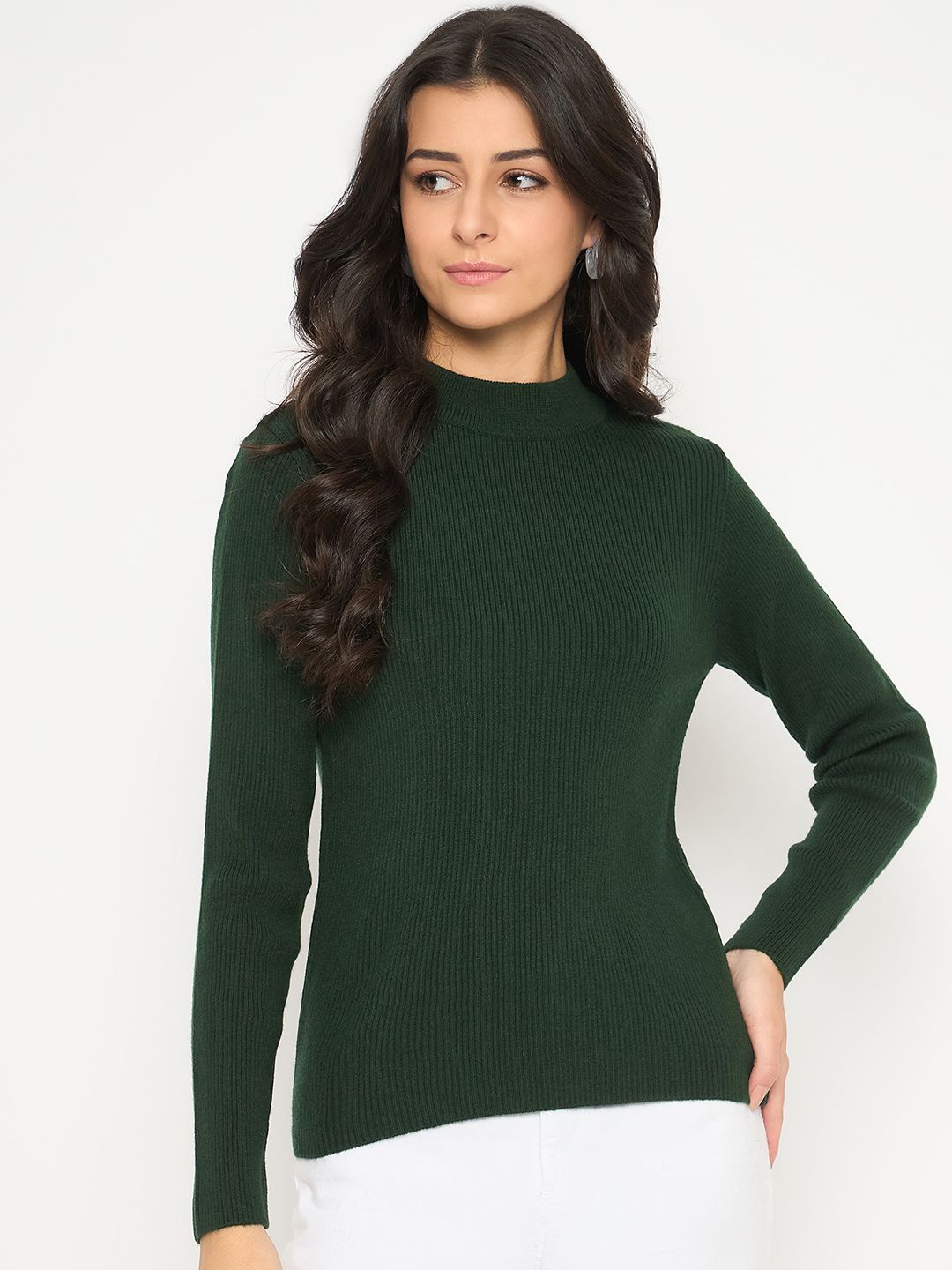 

Madame Women Ribbed Turtle Neck Pullover Sweater, Green