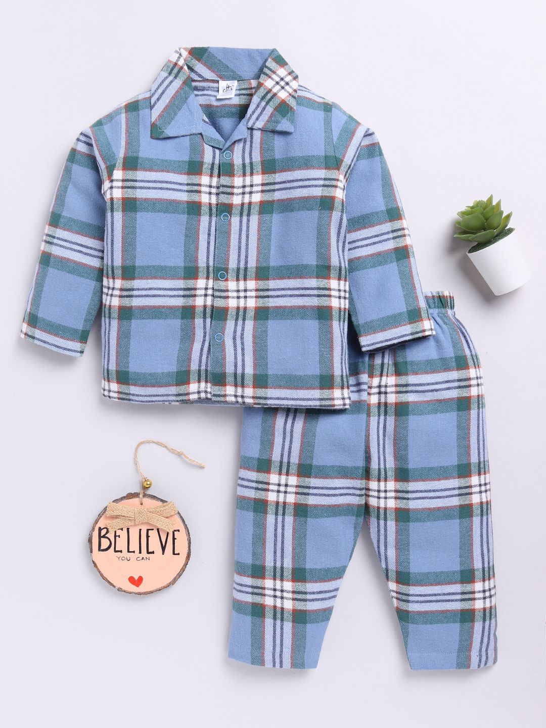 

Clt.s Kids Pure Cotton Checked Shirt & Pyjamas Night suit, Blue