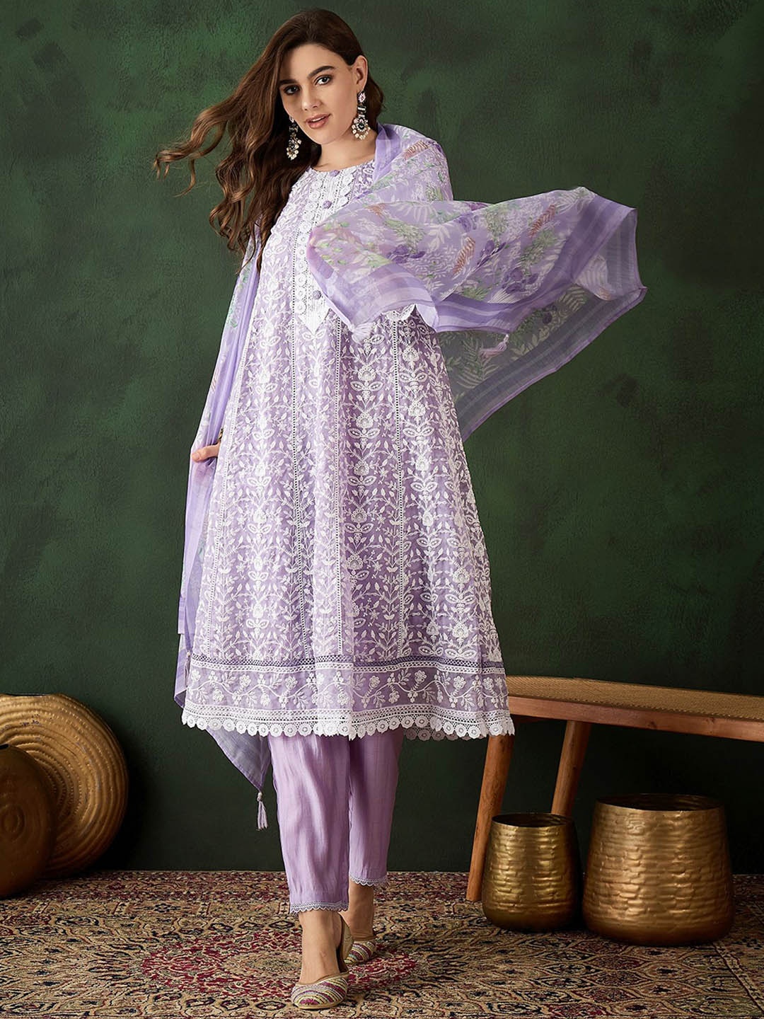 

Sangria Floral Embroidered Thread Work Anarkali Organza Kurta With Trousers Dupatta, Lavender