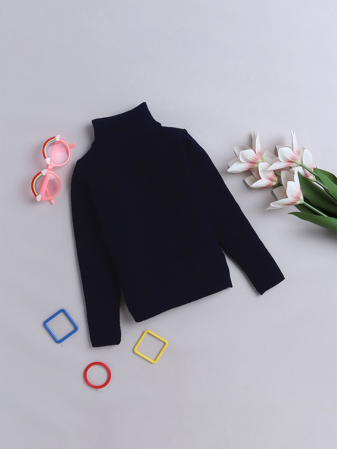 

Yellow Apple Girls Turtle Neck Long Sleeves Woollen Pullover, Navy blue