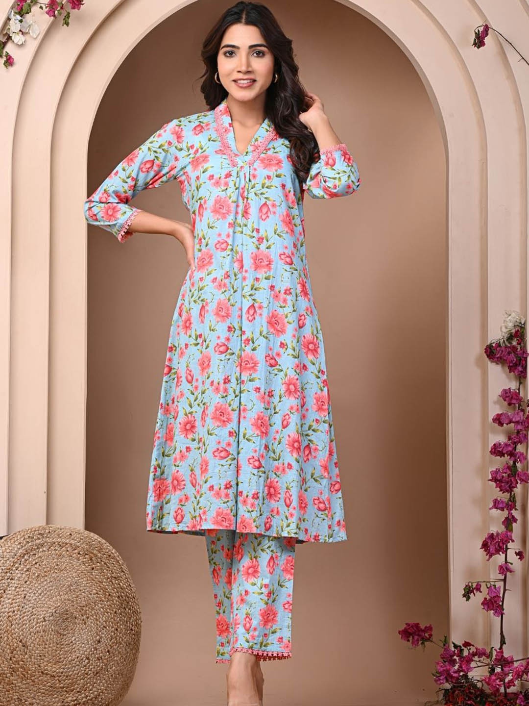 

SAADGEE Floral Printed Lace Detail V-Neck Pure Cotton A-Line Kurta With Trouser, Blue