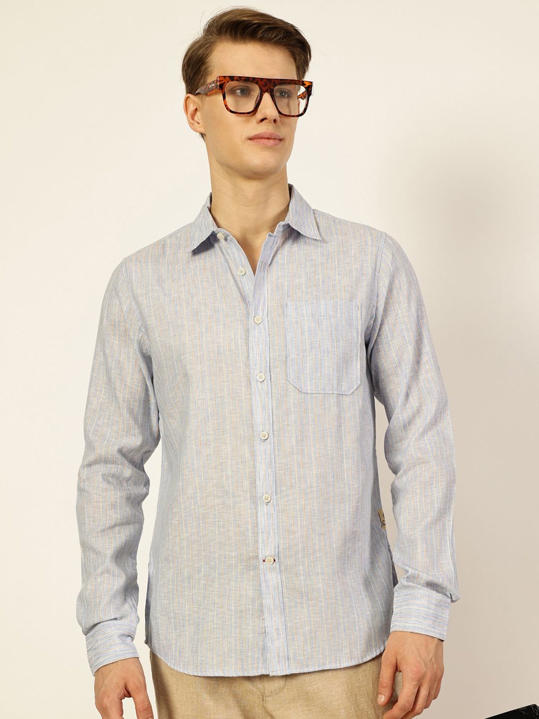 

Thomas Scott Men Premium Striped Linen Blend Slim Fit Casual Shirt, Blue