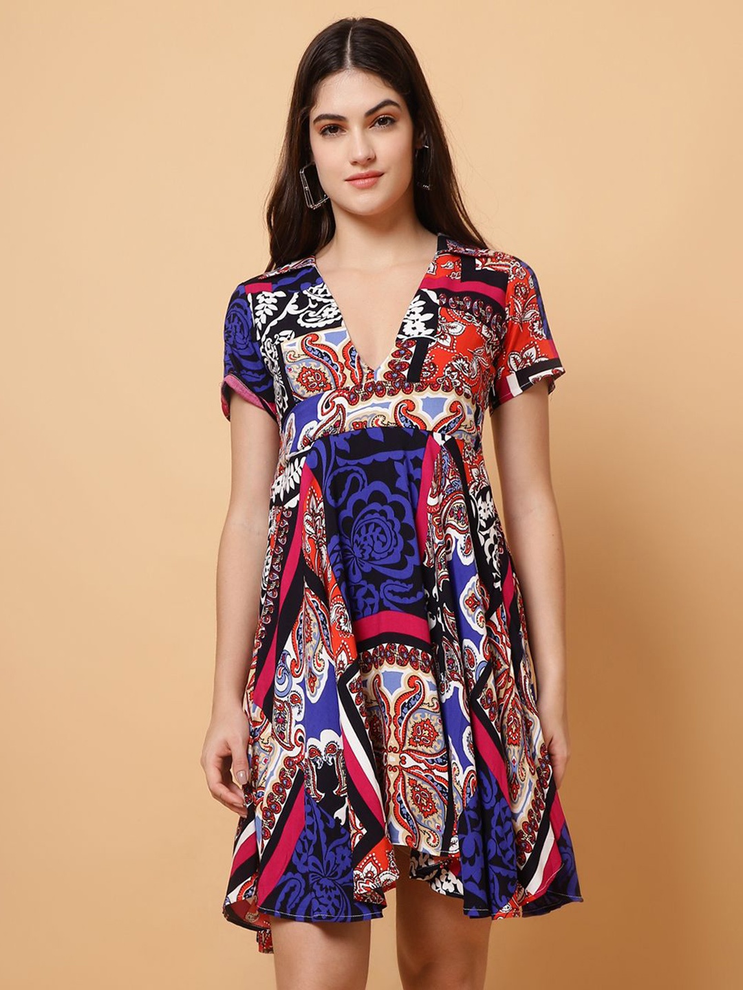 

Unifringe Women Print V-Neck Short Sleeves Fit & Flare Dress, Blue