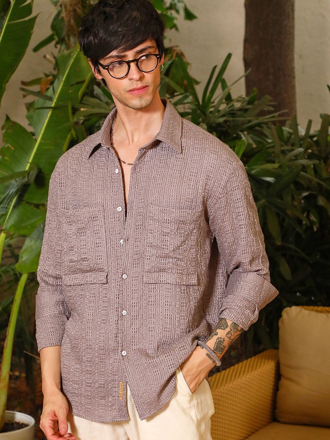 

Campus Sutra Men Comfort Textured Oversized Casual Shirt, Brown