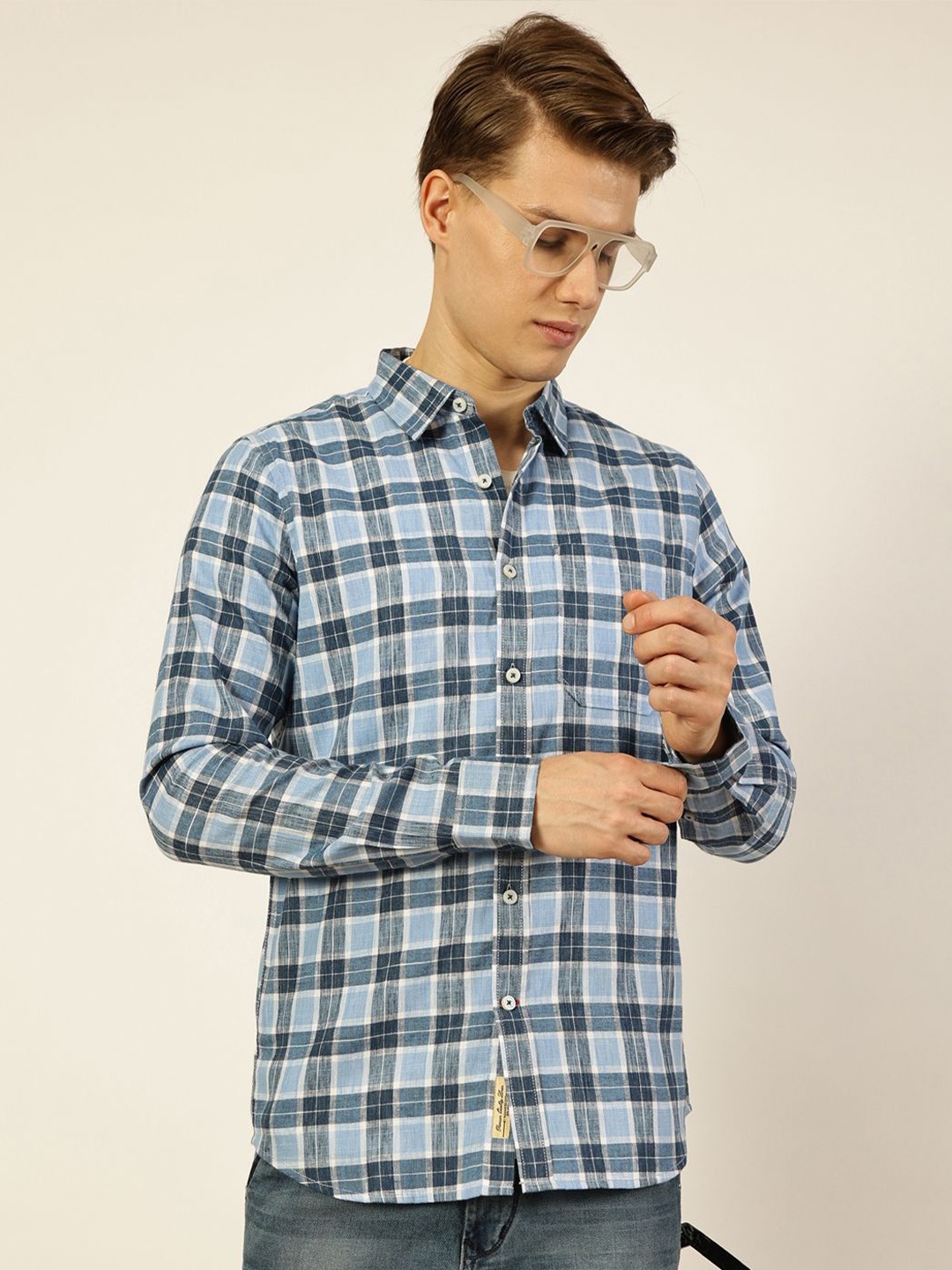 

Thomas Scott Men Premium Checked Linen Blend Slim Fit Casual Shirt, Blue