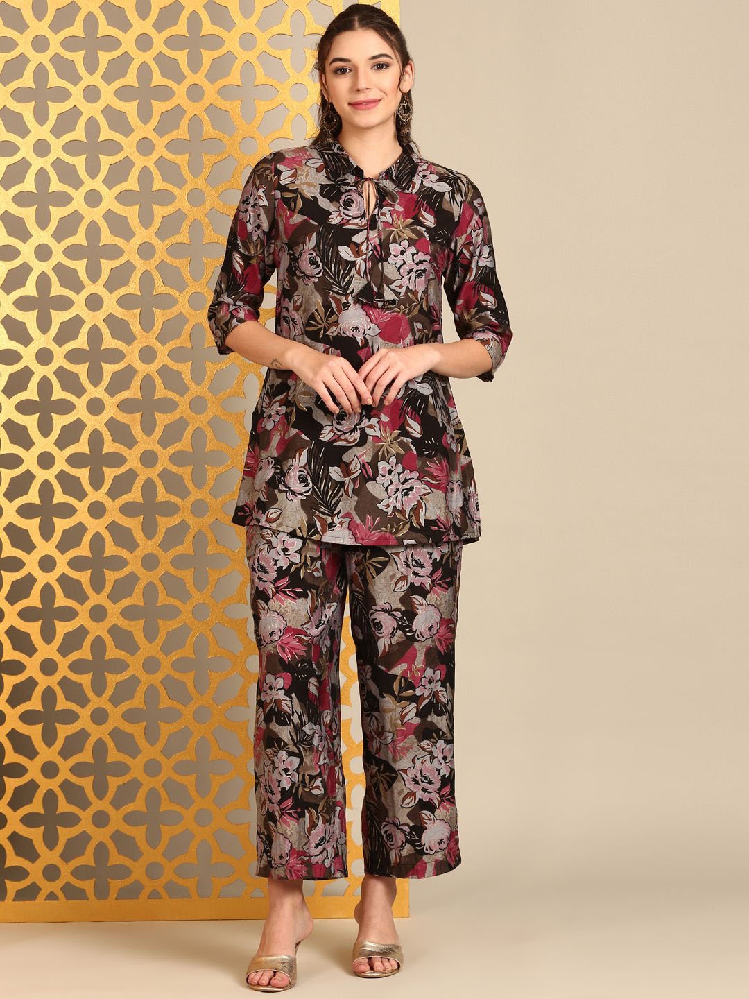 

Anouk Black Floral Printed Tie Up Neck Tunic & Palazzo