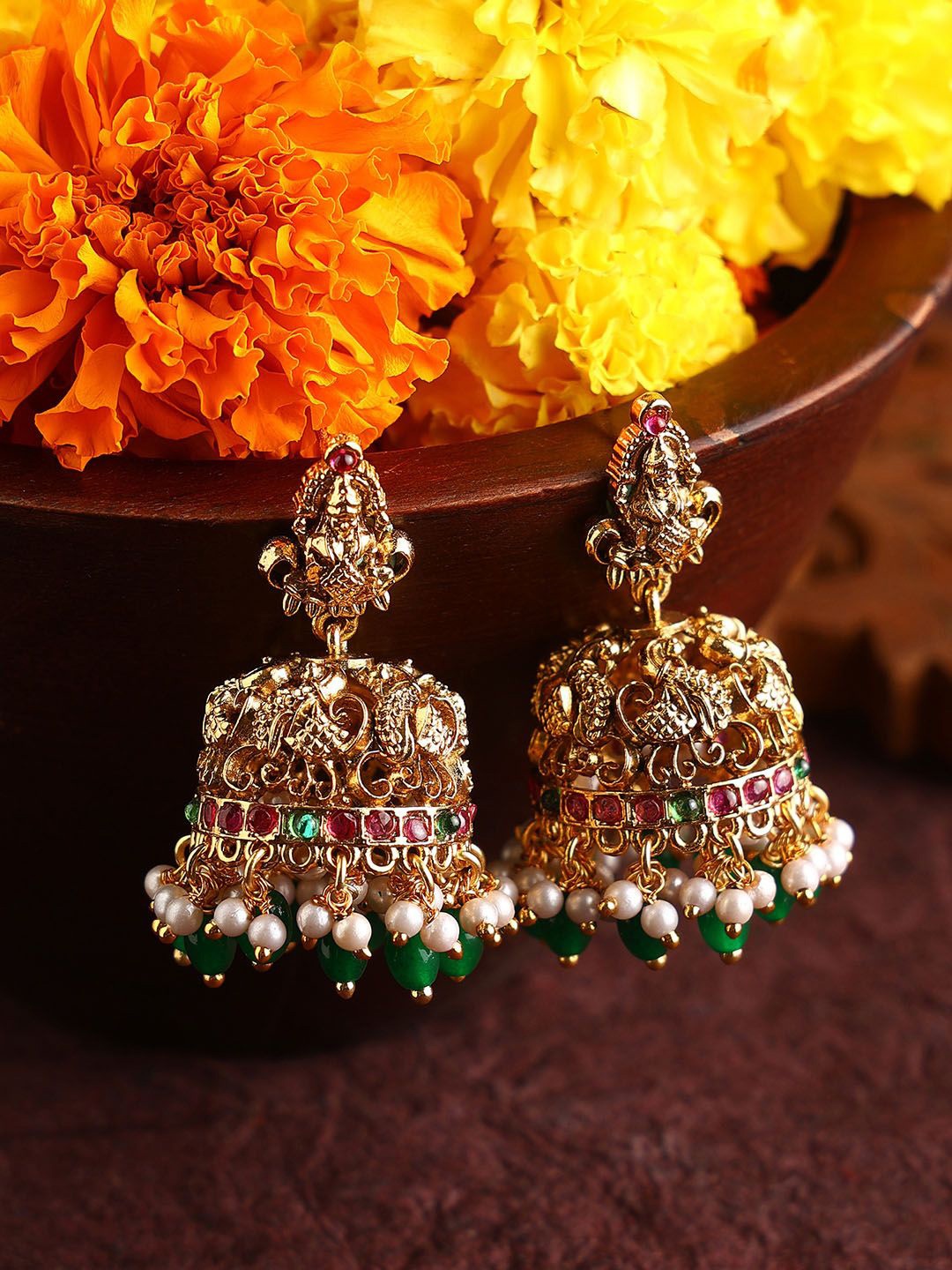 

Priyaasi Gold-Plated Stone Studded & Beaded Matte Elegance Goddess Jhumkas