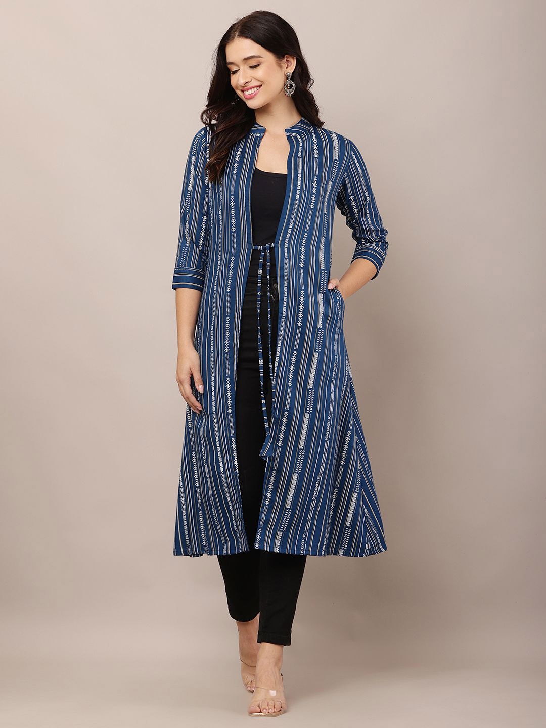 

HELLO DESIGN Geometric Printed Front Open Longline Shrug, Blue