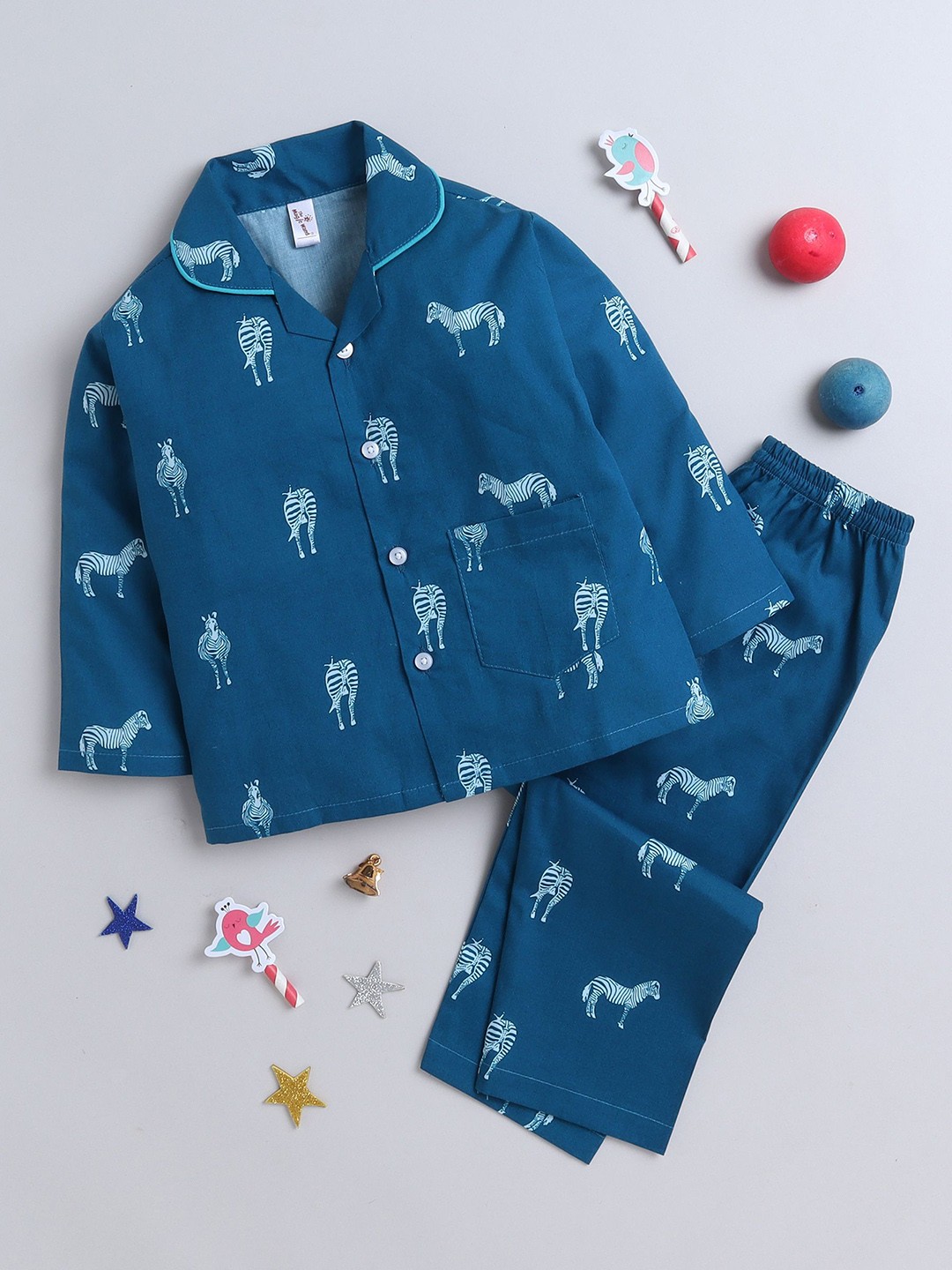 

The Magic Wand Boys Pure Cotton Graphic Printed Night suit, Teal