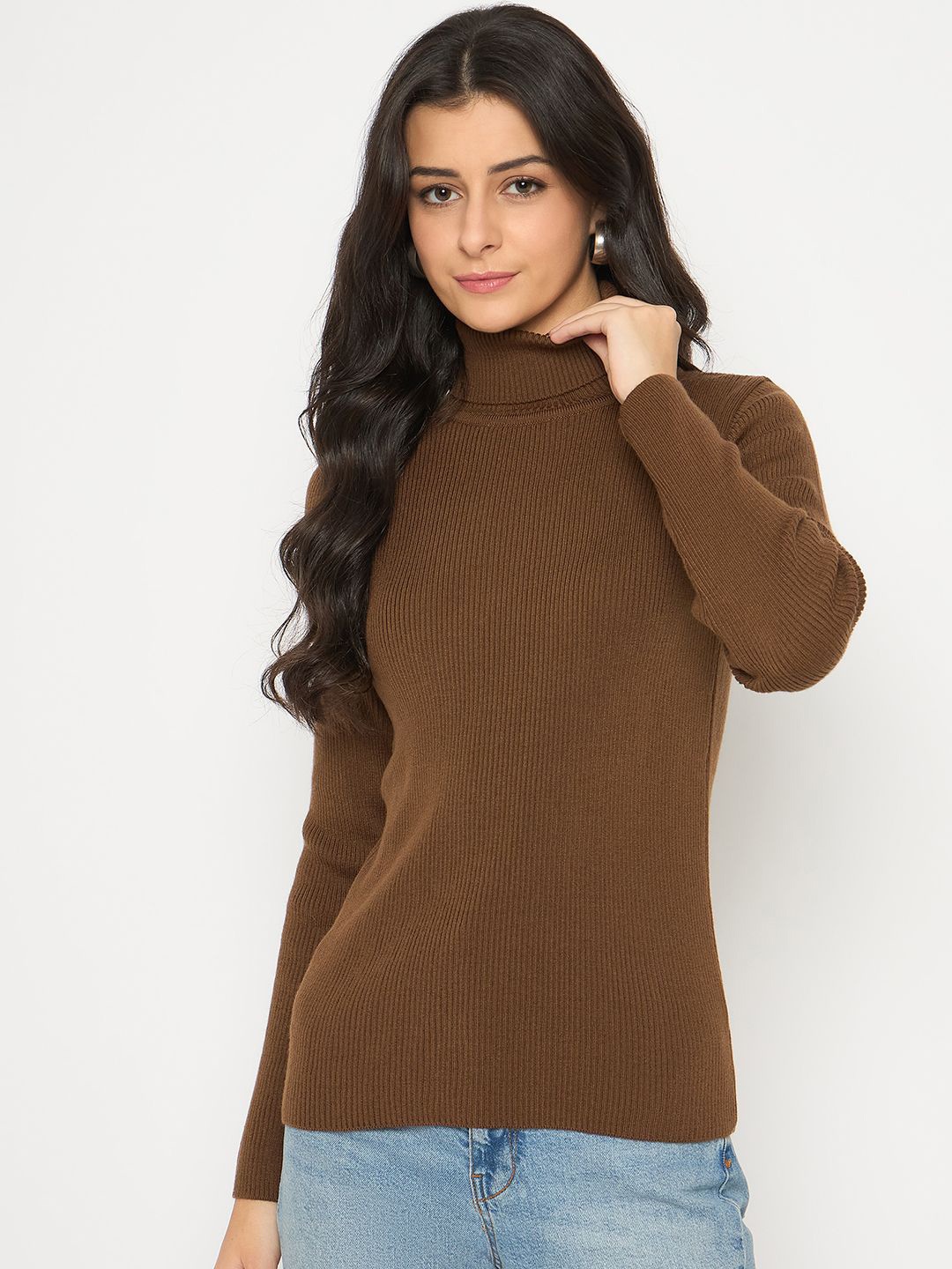 

Madame Women Ribbed Turtle Neck Pullover, Coffee brown