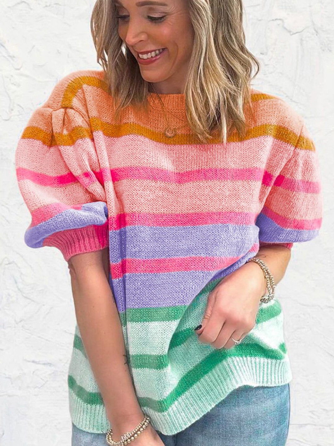 

StyleCast Women Striped Round Neck Short Sleeves Pullover, Pink