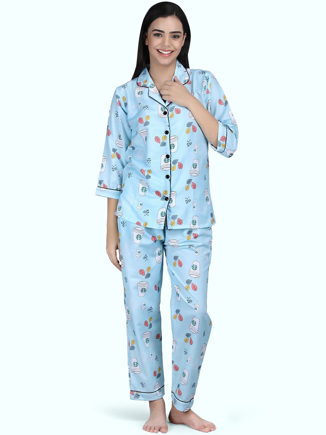

ALL ABOUT HER Women Printed Shirt Collar Three-Quarter Sleeves Night suit, Blue