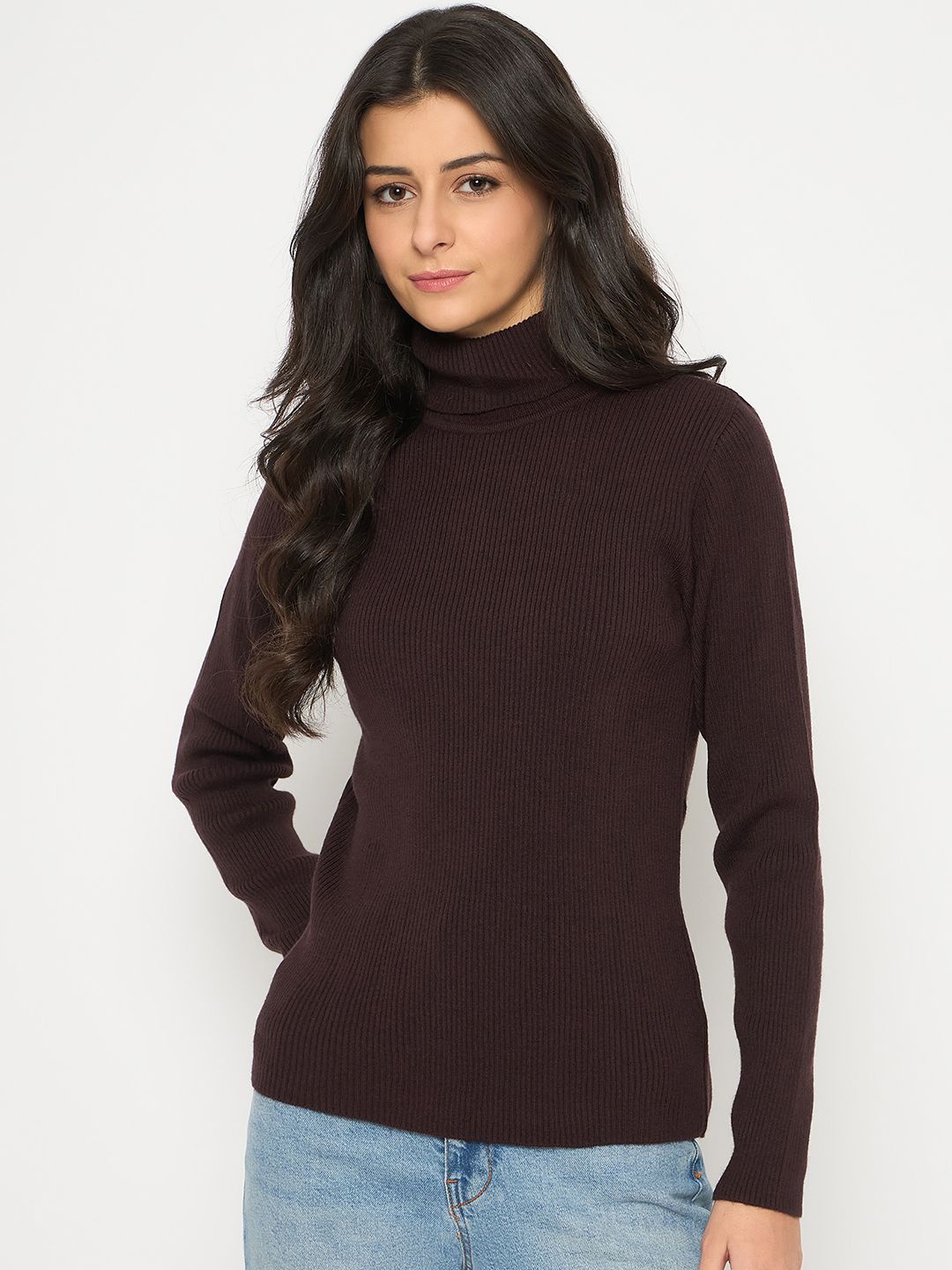 

Madame Women Solid Mock Collar Pullover, Brown