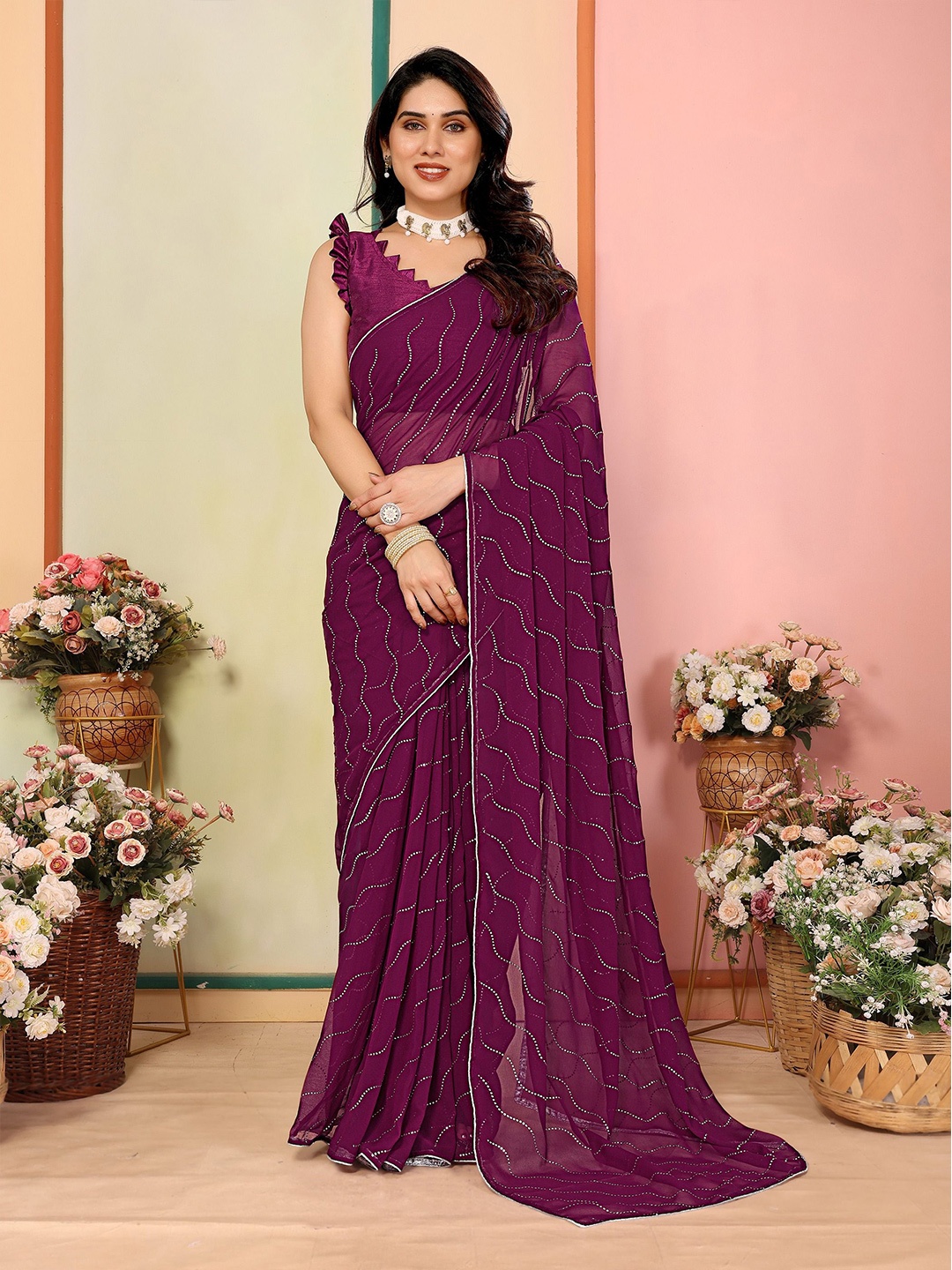 

CATCHY FOREVER Striped Mukaish Pure Georgette Saree, Purple