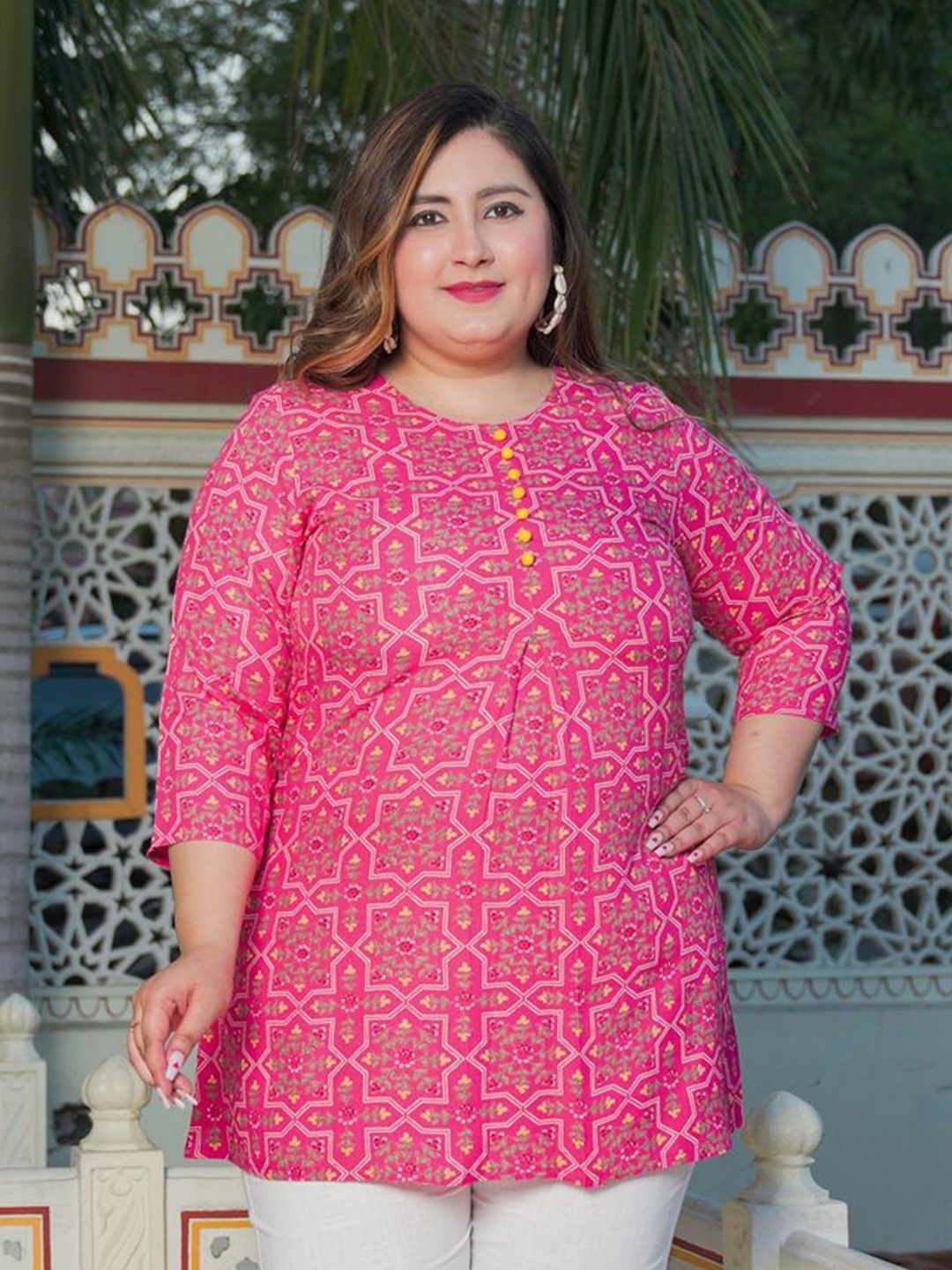 

IKRASS Women Plus Size Floral Printed Round Neck Kurti, Pink