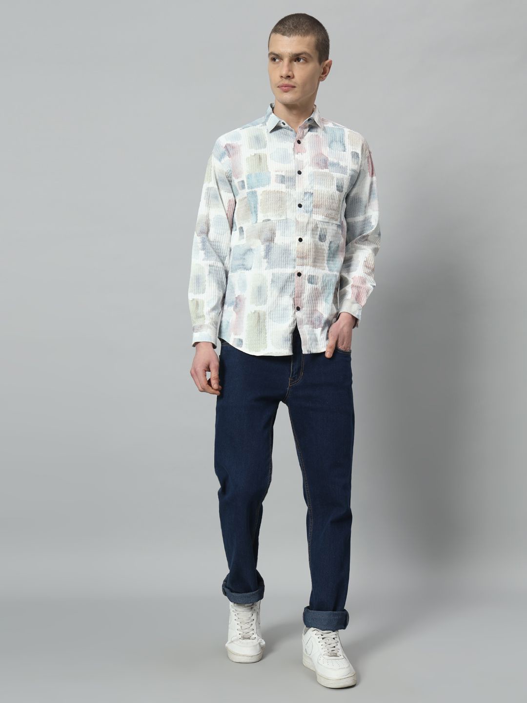 

ROCK AND ROLL Men Spread Collar Abstract Printed Casual Shirt, White