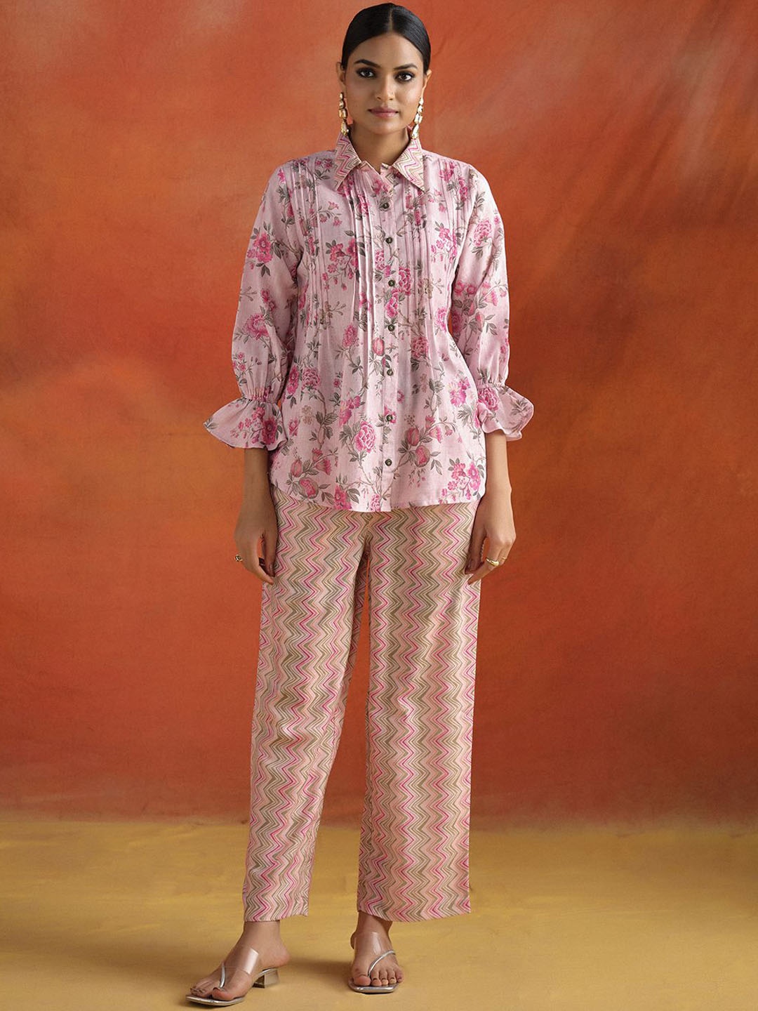 

Jaipur Kurti Shirt Collar Floral Printed Top With Palazzos, Pink