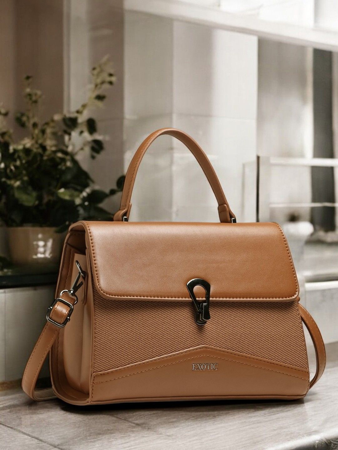 

Exotic Textured Structured Handheld Bag, Tan