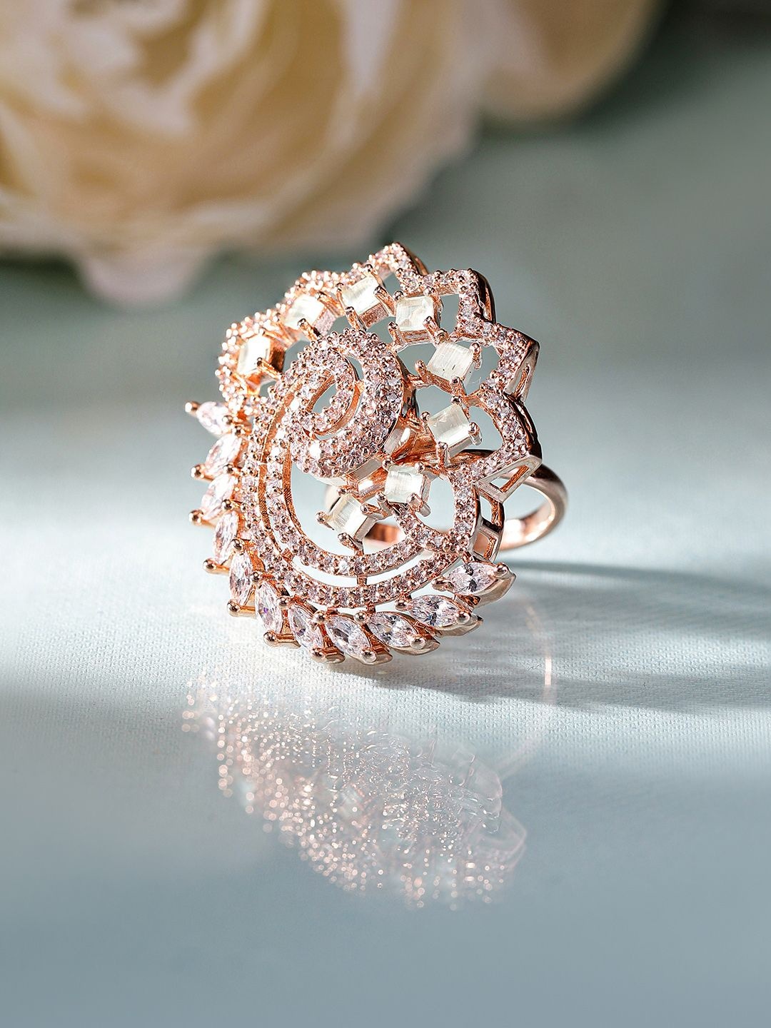 

Priyaasi Rose Gold-Plated Peacock Shaped American Diamond Stone-Studded Finger Ring