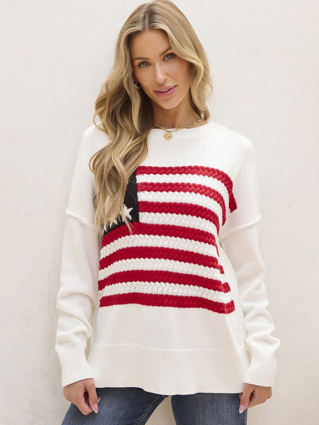 

StyleCast Women Acrylic Striped Round Neck Long Sleeves Pullover, White