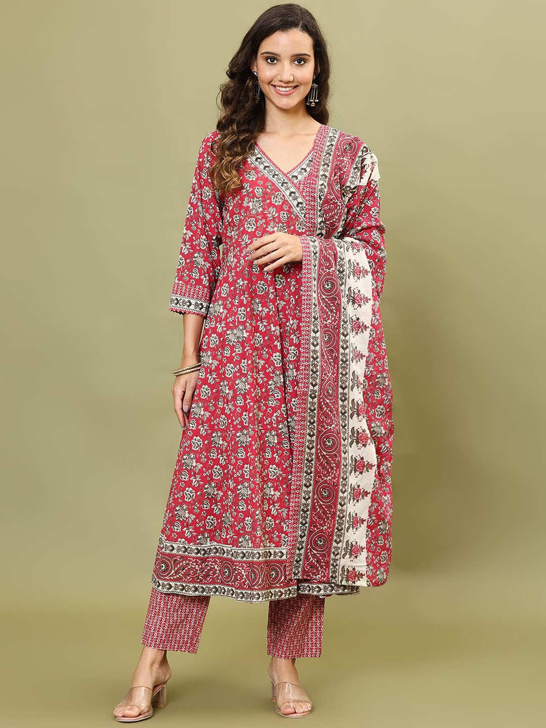 

Meena Bazaar V-Neck Floral Printed Angarkha Anarkali Kurta with Trouser & Dupatta, Pink