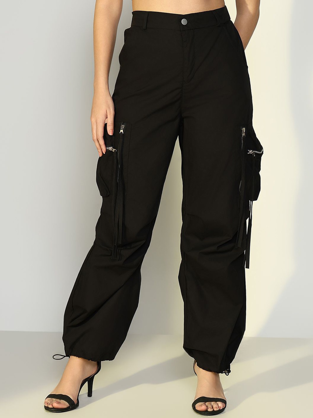 

SHOWOFF Women Comfort Loose Fit Cotton Cargo Parachute Trousers, Black