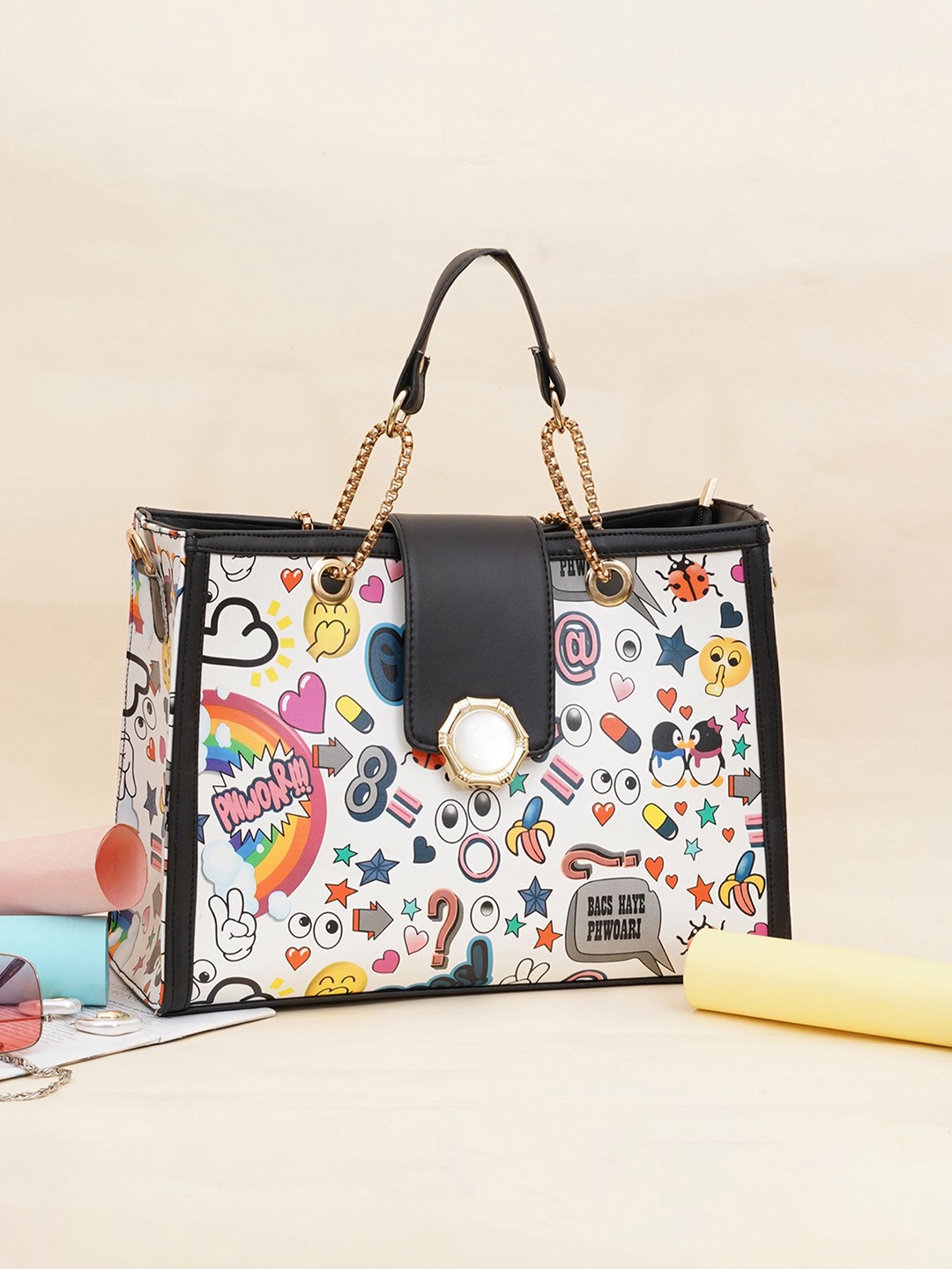 

FABBHUE Geometric Printed Structured Handheld Bag, Multi