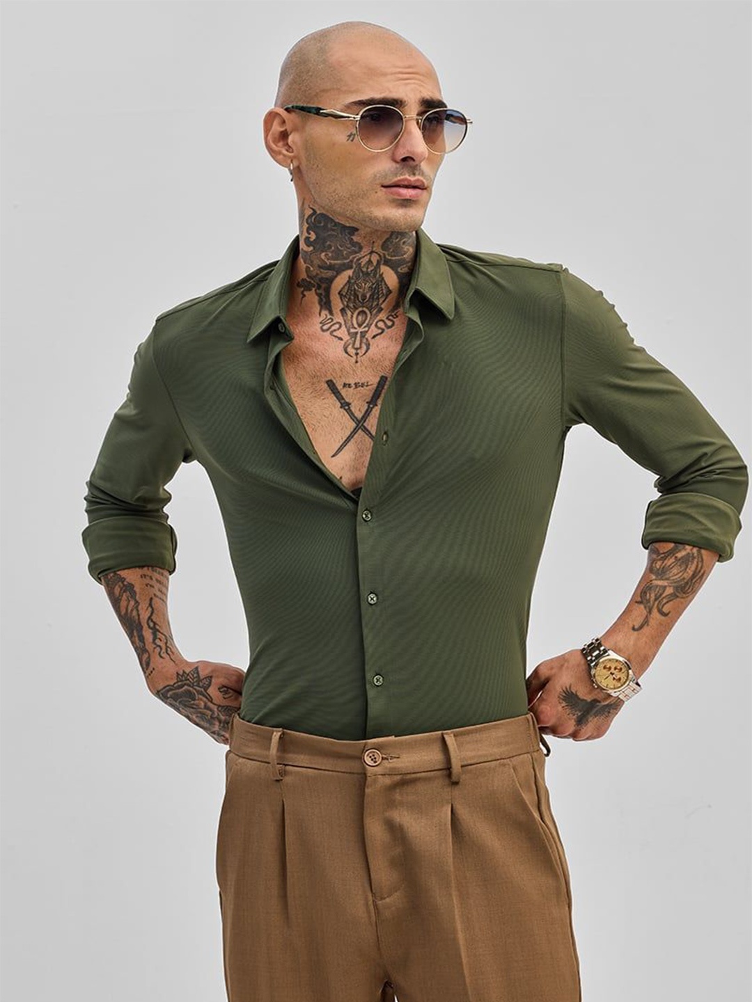 

Snitch Men Smart Solid Slim Fit Casual Shirt, Olive