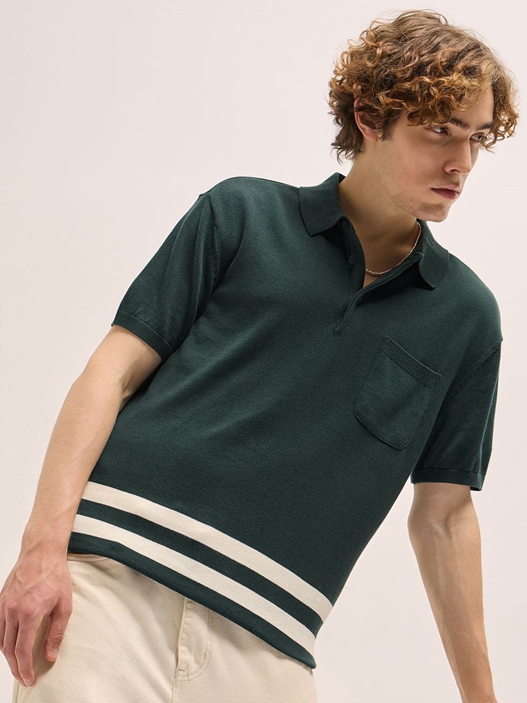 

THE BEAR HOUSE Men Polo Collar Pure Cotton Pocket T-shirt, Green