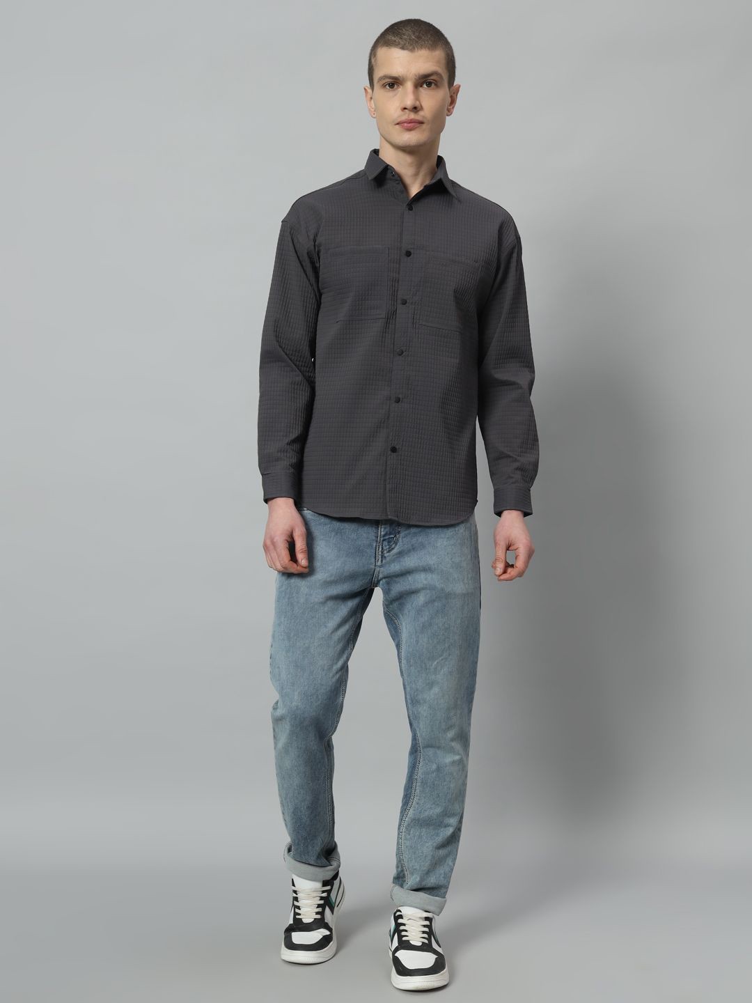 

ROCK AND ROLL Men Textured Spread Collar Casual Shirt, Grey