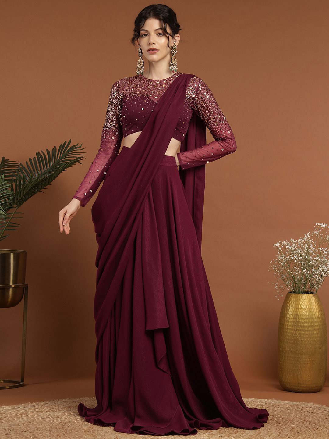 

RIRASA Solid Net Lehenga Saree, Maroon