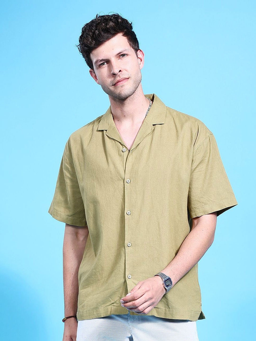 

The Indian Garage Co Men Cuban Collar Relaxed Fit Linen Resortwear Shirt, Olive