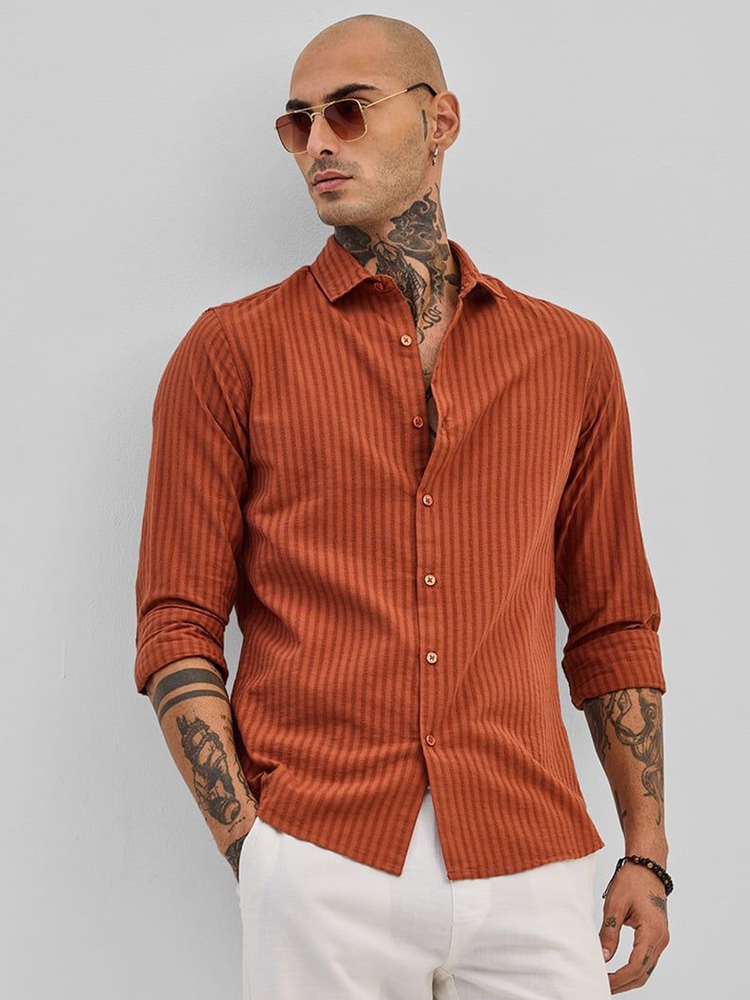 

Snitch Men Smart Slim Fit Striped Casual Shirt, Rust