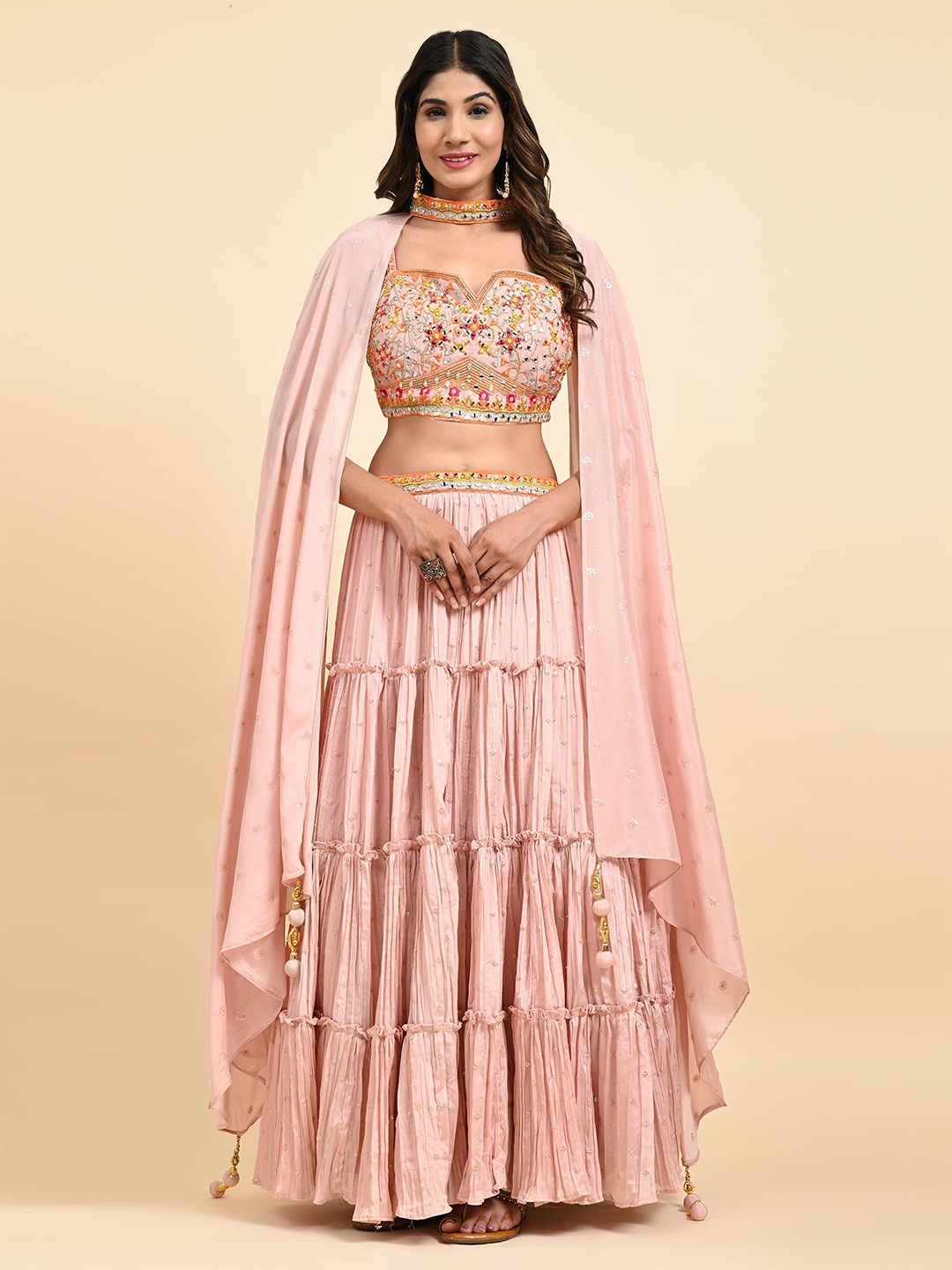 

VANAKARA Embroidered Mirror Work Ready To Wear Lehenga & Blouse With Dupatta, Peach